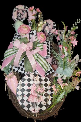 Whimsical 22'' Spring Easter Black white Harlequin Bunny Pink Sage Wreath Decor