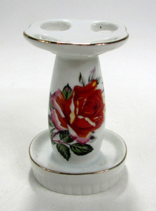 Vtg Japanese Floral Porcelain Toothbrush Holder Free-Standing Gold Trim