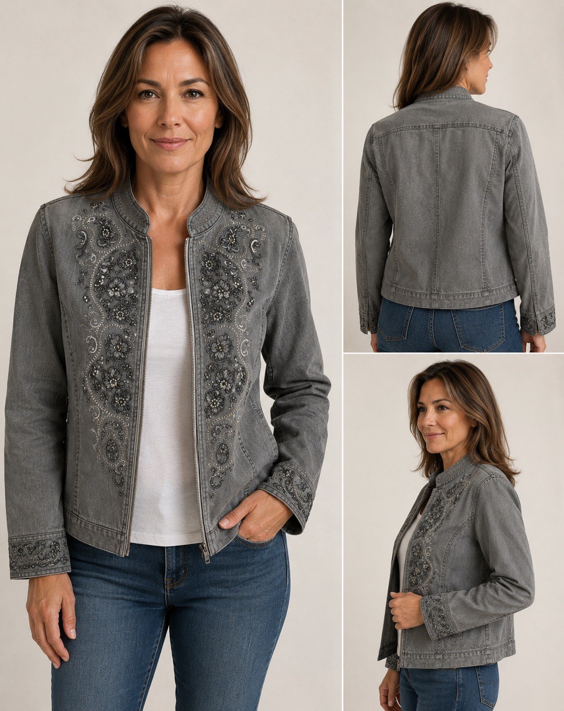 Chico’s Platinum Denim Jacket Womens Size LG (2) Gray Embroidered Paisley
