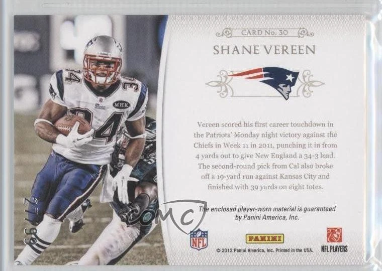 2011 Playoff National Treasures NFL Gear Trios /99 Shane Vereen #30 Rookie RC - Image 2 of 2