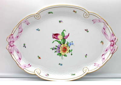 Herend China Printemps Pattern 16'' Oval Platter Dresser Tray 400 BT Pink Ribbon