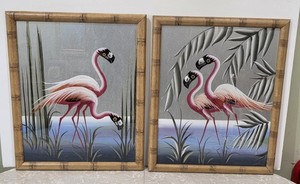 (x2) 1950s MCM Flamingos Original Silver Board Paintings Pair Bamboo Frames...
