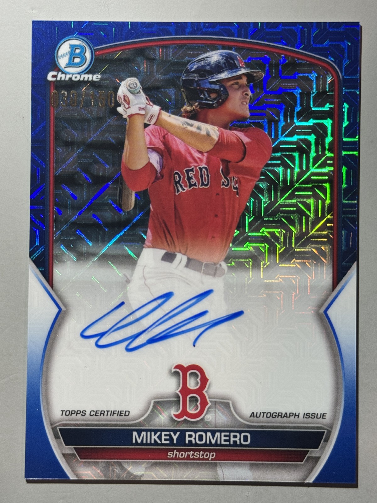 Mikey Romero Auto 2023 Bowman Blue /150 Refractor RC SP Mojo Red Sox #BMA-MR