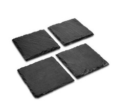 4 X Square Slate Coasters Set of 4 Black 10cm Natural Slate Anti-Scratch Feet