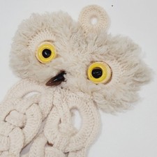 Vintage 1970s Yarn Macrame Owl Towel Holder White Handmade Kitsch