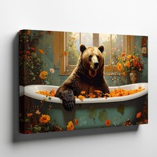 Wall Art Canvas a Bear Sitting Comfortably in a Vintage Bathtub Filled with