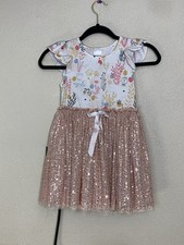 Girls Floral Dress Rose Gold Sequin Flutter Sleeves Party Dress