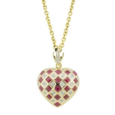Diamant und Rubin akzentuierter Herz Anhänger Charm in 14KYG - keine Kette enthalten