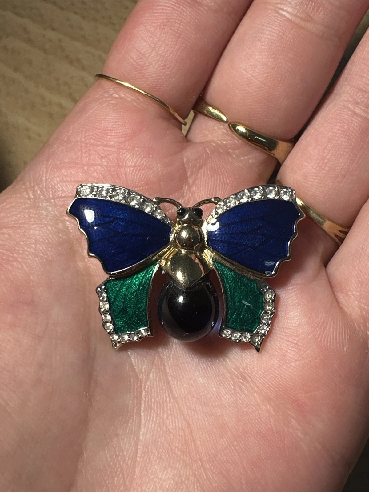 Broche Papillon, Doré, Vert Et Bleu Nacré Avec Strass Blanc Bijoux Fantaisie
