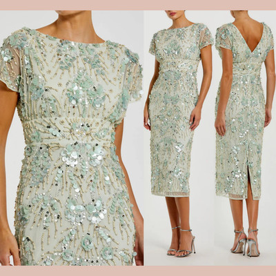 NWT MAC DUGGAL [ 12 ] 94150 Embellished Mesh Fitted Cap Sleeve Dress Sage S2020