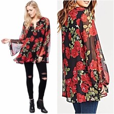 Show Me Your Mumu Johanna Tunic XS Black Red Rose Sheer Boho Festival Chic