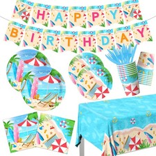 Beach Birthday Party Decorations-142Pcs Summer Plates and Napkins Kit Pool Su...