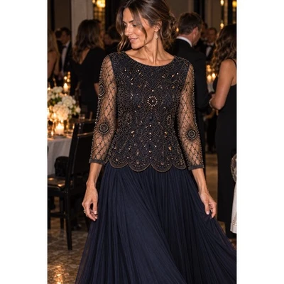 NWT Xscape Beaded Chiffon Evening Gown 3/4 Sleeve Navy Formal 14 - image 1 of 4