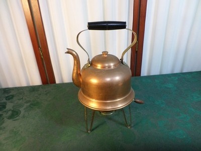 Vintage Nasco Copper Tea Kettle w/Wooden Handle & Tri-Footed Metal Warmer