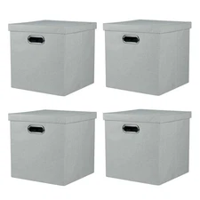 Storage Bins with Lids Collapsible Linen Fabric Boxes Organizer Containers wi...