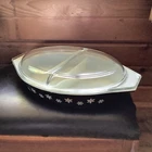 Vintage Pyrex Black Snowflake Divided Casserole Dish 043 1.5 Qt With Lid MCM