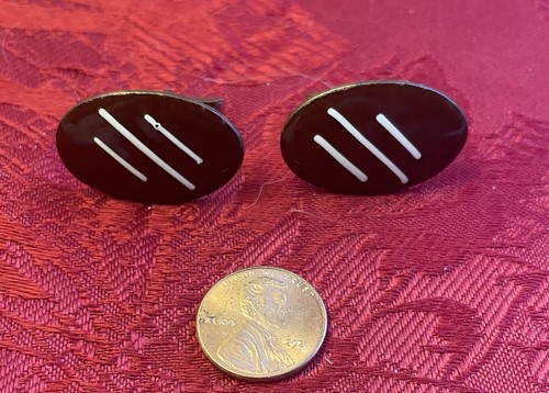 Vintage MCM Brown Enamel White Stripes On Copper Cufflinks - Picture 2 of 5