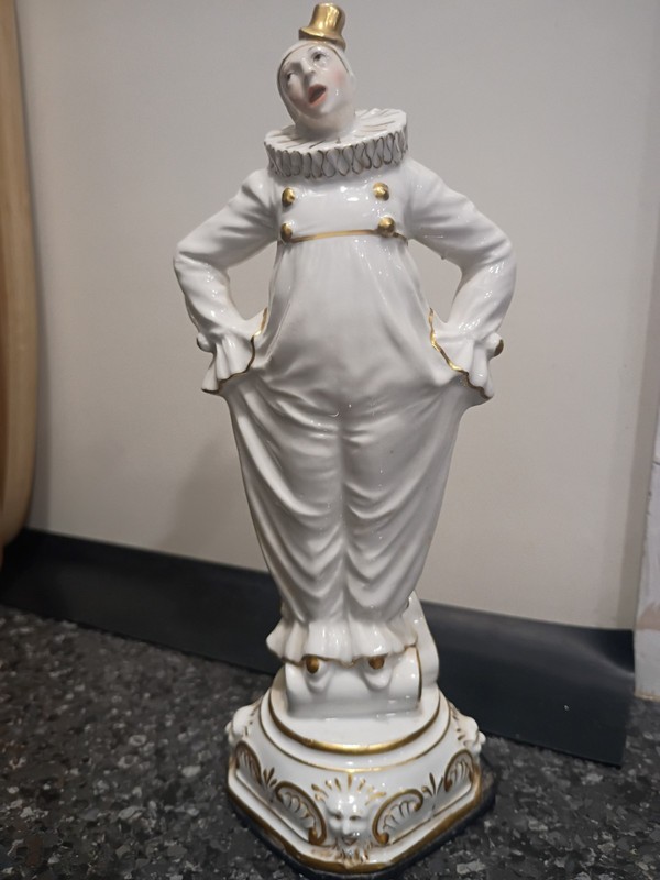 Antique Sitzendorf Porcelain Art Deco Pierrot Clown Figurine Germany Gold Gilt