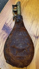 VTG ORIG CIVIL WAR ERA AMERICAN FLASK & CAP CO LEATHER LEAD SHOT POWDER FLASK