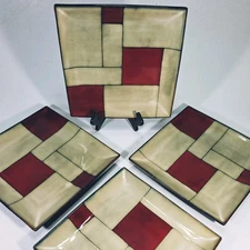 Gibson Elite Azeal Dinner Plates Stoneware 10.75" Red Beige Mosaic Tile Set Of 4