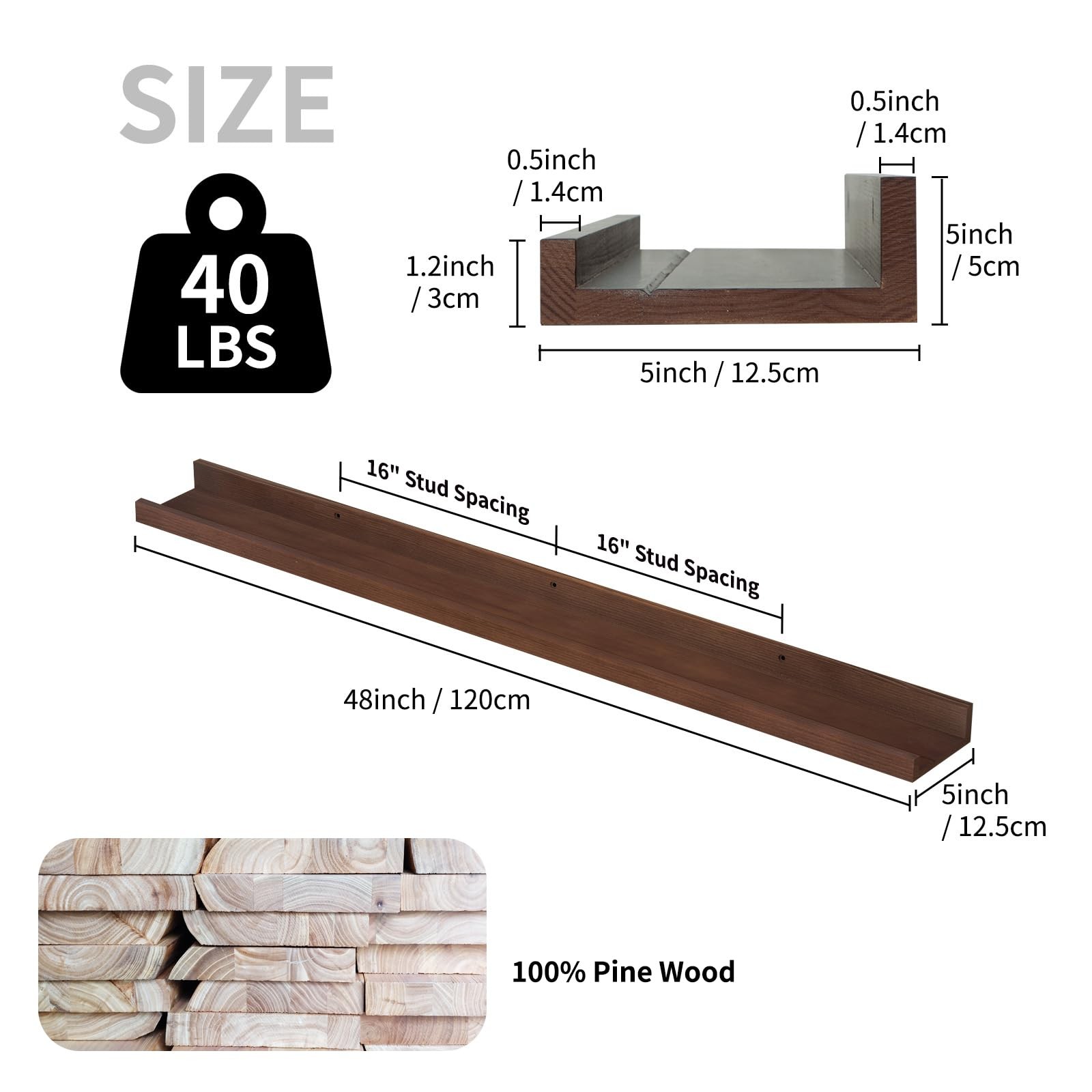 Picture Ledge Shelf Floating Book Shelves Set of 2 Wall Mounted Solid Wood