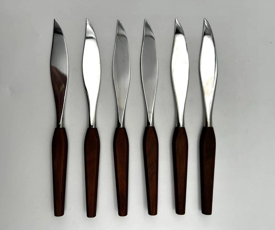 Juego de 6 cuchillos para carne vintage Town & Country Fleetwood asas de madera Washington Forge Foto 4 de 4