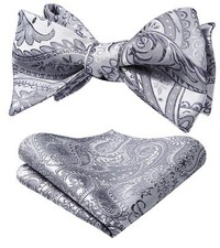 Silver Bow Ties for Men Gray Paisley Self Tie Bow Tie and Pocket Square Set C...