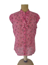Vtg Boutique OGGI Miami Beach Womens S Pink Butterly Print Cap Sleeve Silk Shirt
