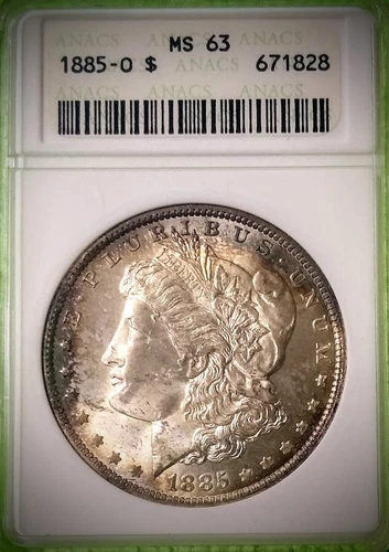 1885-O $1 AMERICAN MORGAN SILVER DOLLAR MS 63 ANACS displays some toning