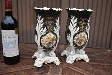 Pair antique french vieux paris porcelain floral hand paint Vases