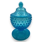 FENTON Hobnail Opalescent BLUE Footed and Lidded Candy Dish Perfect Vintage