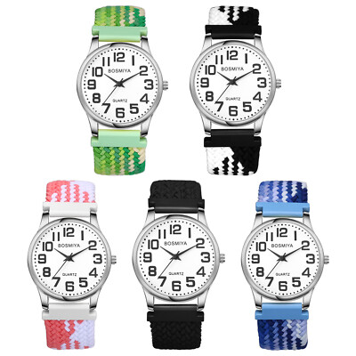 Women Men Elastic Braided Band Large Round Dial Easy Reader Analog Quartz Watch
