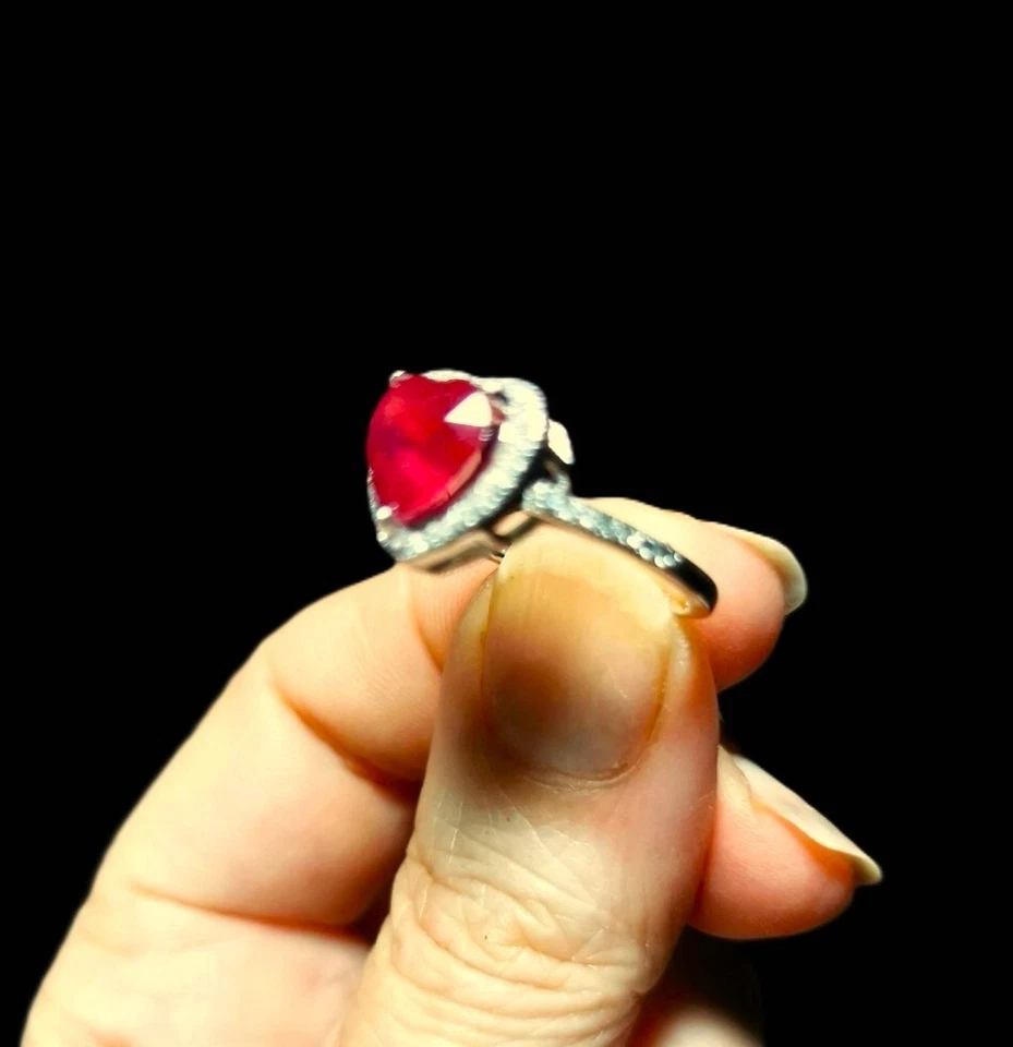 NATURAL RUBY + CZ 925 STERLING SILVER 14K WHITE GOLD PLATED RING - Immagine 4 di 4