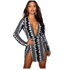 Sequin Aztec Black White Split Mini Dress Sz S