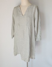 Tahari Linen Pintuck Mini Dress Long Sleeve Split Neck Pocket Cross Dye Grey L