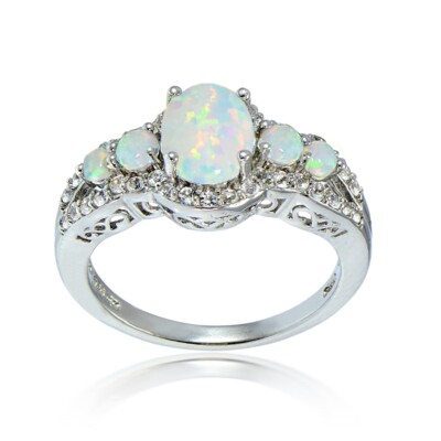 Oval Halo Simulated Opal and Cubic Zirconia Five Stone Ring, Size 5