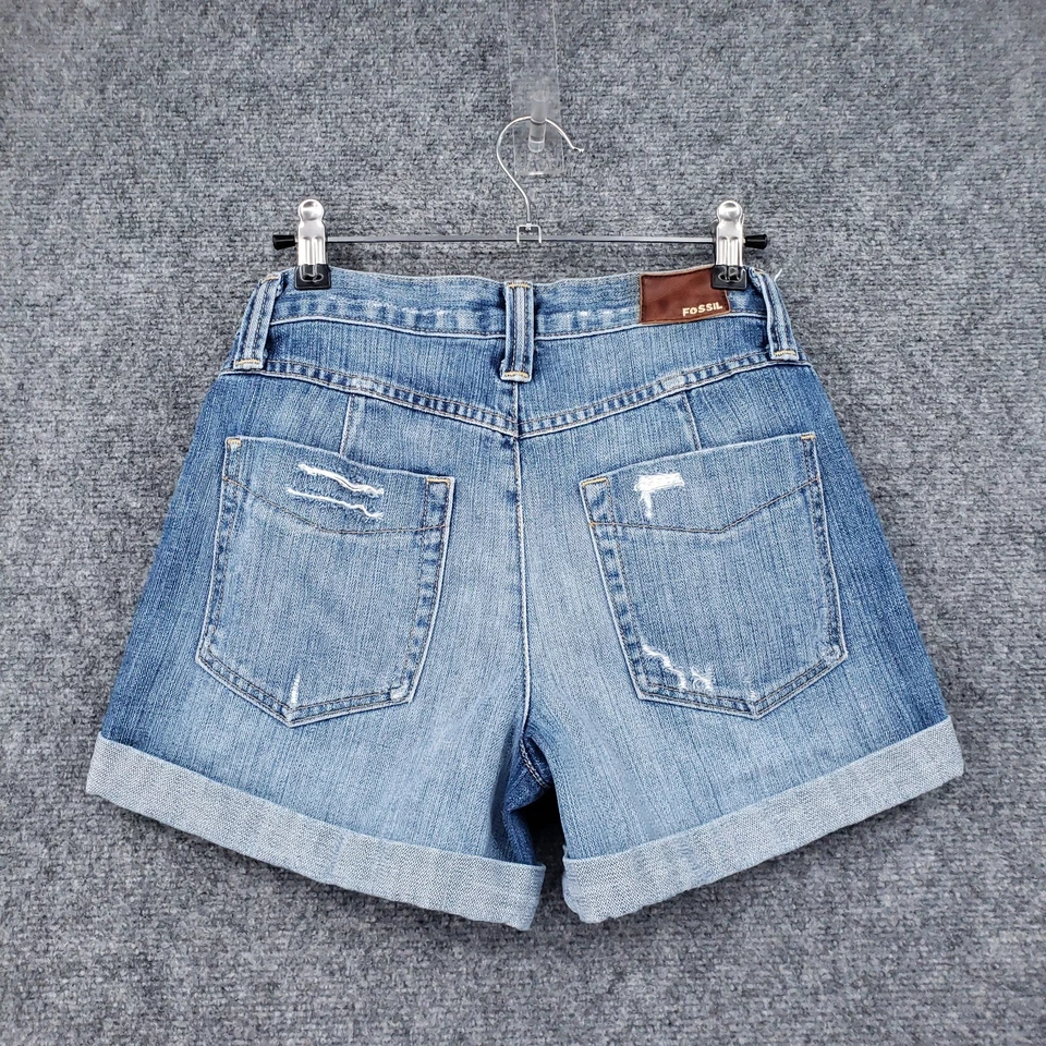 Pantalones Cortos Fossil Genuinos Para Mujer 27 Azul Tiro Medio Denim Envejecido Puños Calientes Pantalones Foto 2 de 4