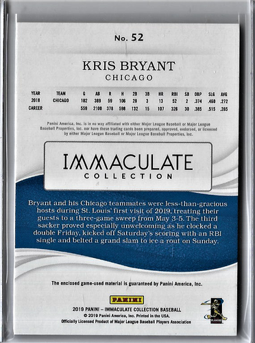 Kris Bryant 2019 Panini Immaculate Authentic Game Used Materials Card 5 of 49 - Picture 4 of 4
