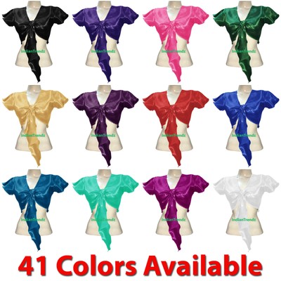 Women's Satin Belly Dance Top - Short Sleeve Wrap Tie Choli For Tribal, Gypsy, Boho Style
