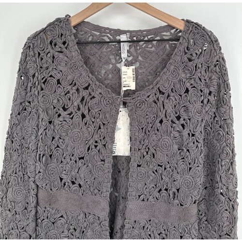 Miilla Chunky Woven Crochet Cardigan Women Medium Gray Floral 3/4 Sleeve NWT - Picture 2 of 12