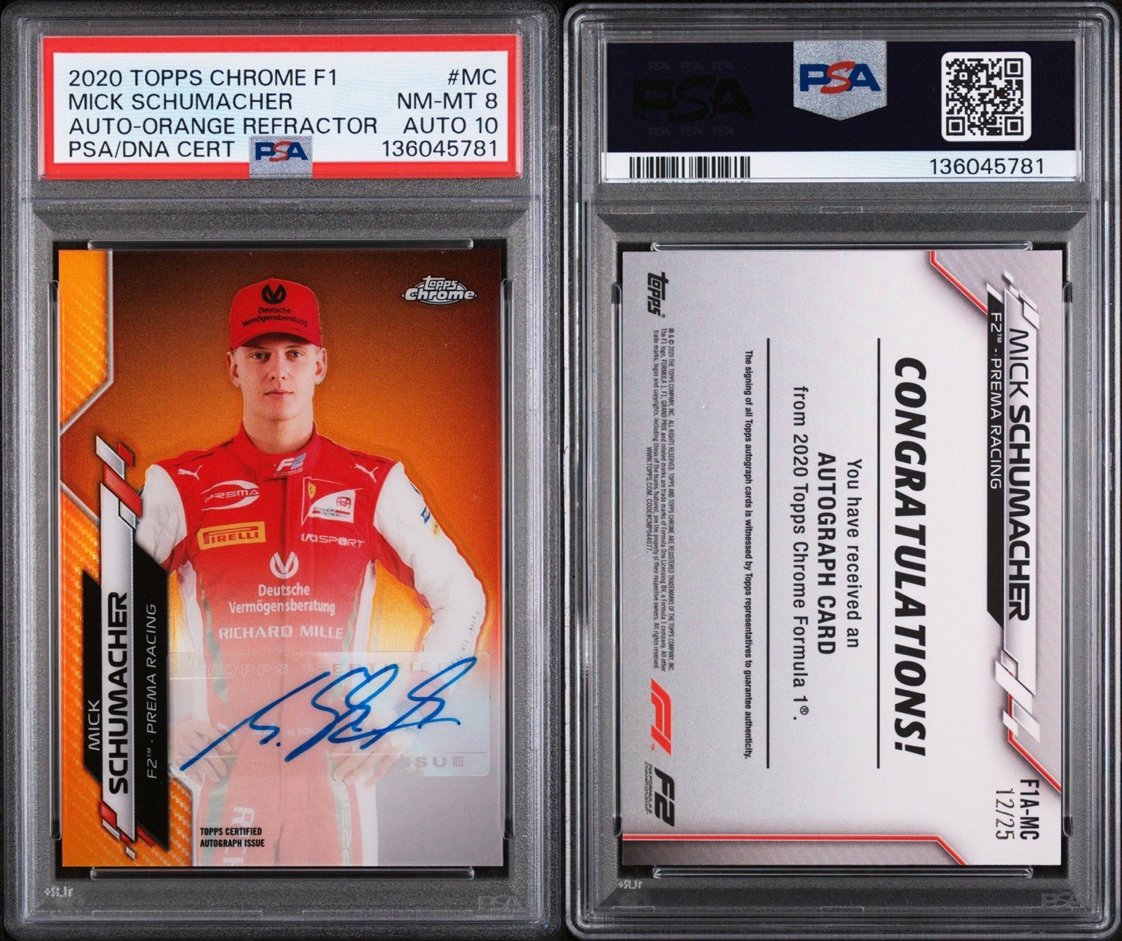 2020 TOPPS CHROME FORMULA 1 MICK SCHUMACHER AUTO ORANGE /25 PSA 8 AUTO 10 view 3