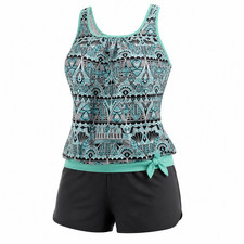 2 Piece Geometric Print Bikini Top Swimsuit Black Shorts Set Tankini 2XL