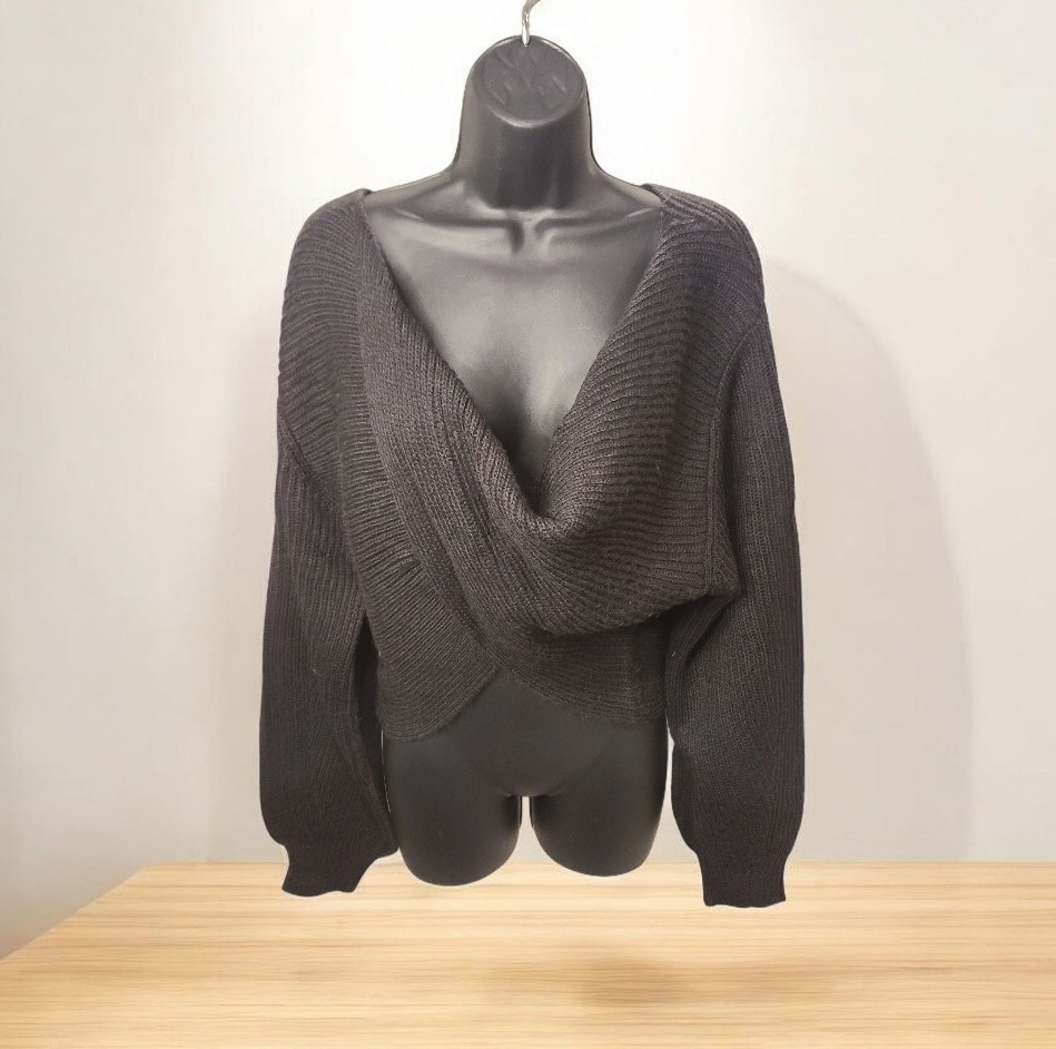 Revolve 525 Two Way Twist Sweater Black Sz L | NTW | Crossover Long Sleeve Knit