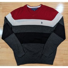 U.S. Polo Assn V-Neck Sweater Men  s Large Colorblock Red Gray Black