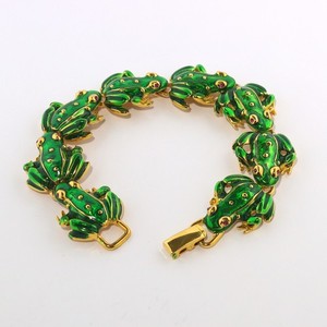 Authentic R J Graziano Vtg Green Enamel Frog Link Bracelet Gold Plated Statement Piece