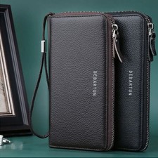 New PU Leather Men Long Wallet Large Capacity Zipper Phone Bag Solid Color Card