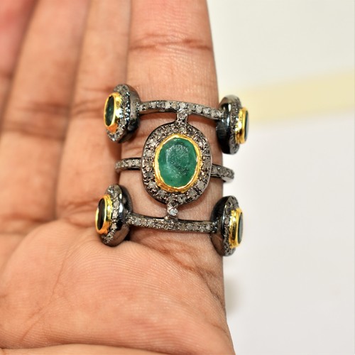 Anello Pave Diamante con Pietra Preziosa Smeraldo, Anello in Argento... - Foto 7 di 7