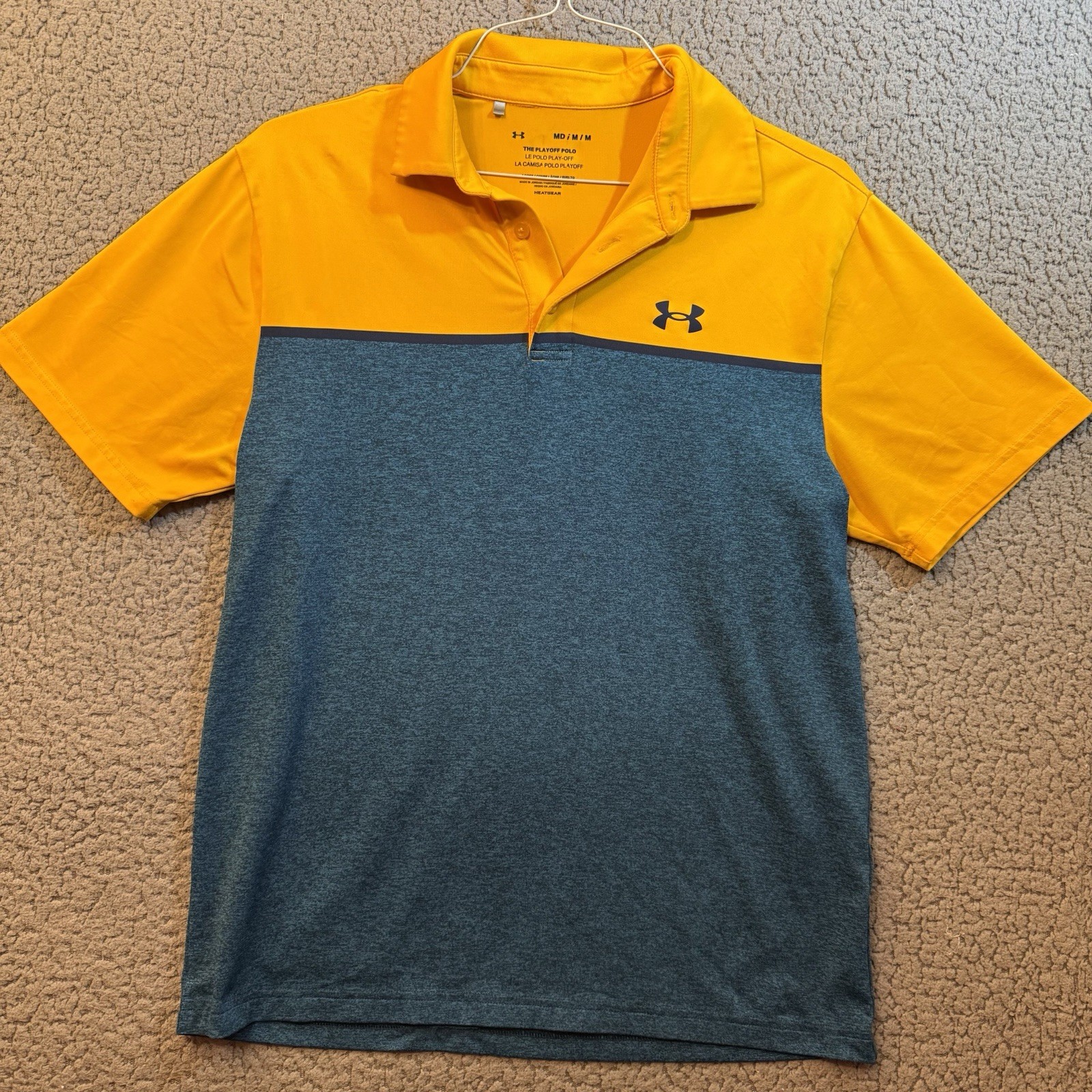 Under Armour Playoff Polo Mens M Yellow Blue HeatGear Loose Golf Shirt Stretch