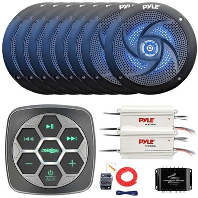 Metra Bluetooth Controller, 8x 4'' Blue LED Boat Speakers, 2x Amp, Splitter, Kit