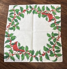 8 Christmas Napkins White Red Cardinal Green Holly 15.5 x14.5 Winter Scene Vtg
